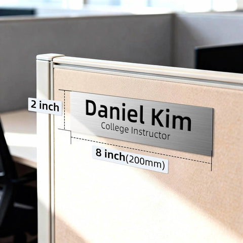 Custom Engraved Adhesive Name Plate For Desk Or Door Sign 2x8 Inch Stick On Office Nameplate affixed to an office cubicle.