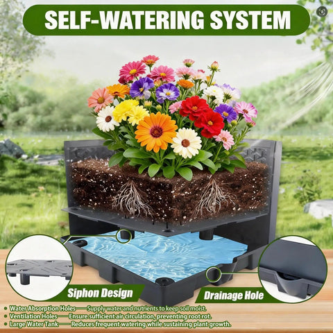 Diagram showing a self-watering system with flowers illustrating the mechanics of water absorption and drainage.