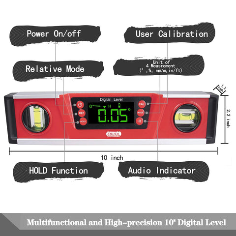Magnetic 10 Inch Angle Finder And Level Gauge With LED Display, Neodymium Magnets, V Groove Base, IP54 Water Resistant, Easy Pitch And Slope Readouts In Degrees Or Percent, Includes Carrying Bag For Pros And DIY Projects
