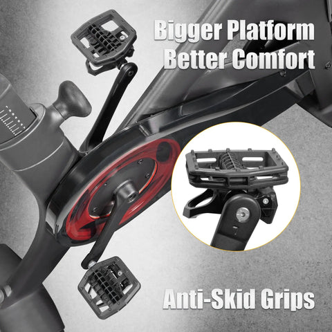 Strap In Platform Pedals For Peloton Bikes And Regular Shoes, showing anti-slip grips on wide black platform, attached to bike.