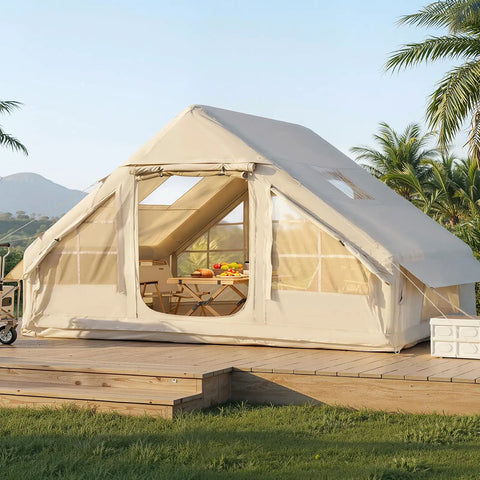 Inflatable Family Camping Tent With Instant Setup on wooden deck, showcasing spacious interior and UV protection.