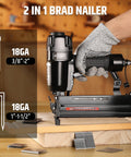 2 In 1 Pneumatic Brad Nailer And Stapler 18 Gauge Air Nail Gun in use on wooden surface with size chart, DIY projects, woodworking focus.