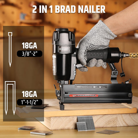 2 In 1 Pneumatic Brad Nailer And Stapler 18 Gauge Air Nail Gun in use on wooden surface with size chart, DIY projects, woodworking focus.