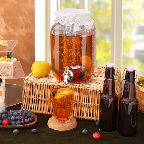 1 Gallon Kombucha Starter Kit With Glass Jar, Spigot And Stainless Mesh Filter, Easy Home Brew Fermentation Kit, displayed on table