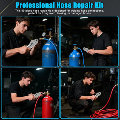 Man using Hose Repair Kit With Crimper And Crimp Tool For 3/16 To 1/4 Inch ID Air Hoses Brass Fittings Welding Torch Hose Repair Kit