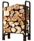 Sturdy Firewood Rack And Log Holder For Indoor Outdoor Use Heavy Duty 25mm Tubular Steel Log Storage Stack Supports Up To 400 Pounds Rustproof Black Powder Coated Firewood Organizer For Fireplace And Patio, filled with chopped logs.