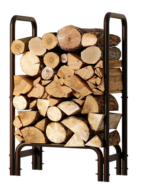 Sturdy Firewood Rack And Log Holder For Indoor Outdoor Use Heavy Duty 25mm Tubular Steel Log Storage Stack Supports Up To 400 Pounds Rustproof Black Powder Coated Firewood Organizer For Fireplace And Patio, filled with chopped logs.