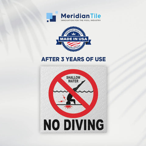 Ceramic No Diving Pool Sign, 5.8x5.8 Inch No Dive Marker with Abrasive Non-Slip Tile Finish shown with durability after use