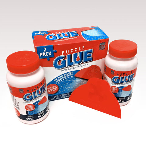 Puzzle Glue With Wide Plastic Spreader Easy To Apply Dries Clear And Quick, Protects Finished Jigsaw Puzzles For Display, Water Soluble 2 Pack, 5 Oz Each, No Streak Glossy Finish Preserves Colors