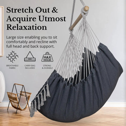 Grey Macrame Hammock Chair With Cushions For Indoor And Outdoor Use, Large 60 By 47 Inch Hanging Rope Swing In Soft Durable Cotton Canvas