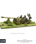 Bolt Action German Grenadiers 1:56 Scale Miniatures Set with Pak 40 anti-tank gun and crew on grassy base for WWII tabletop gaming.