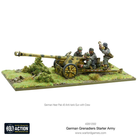 Bolt Action German Grenadiers 1:56 Scale Miniatures Set with Pak 40 anti-tank gun and crew on grassy base for WWII tabletop gaming.