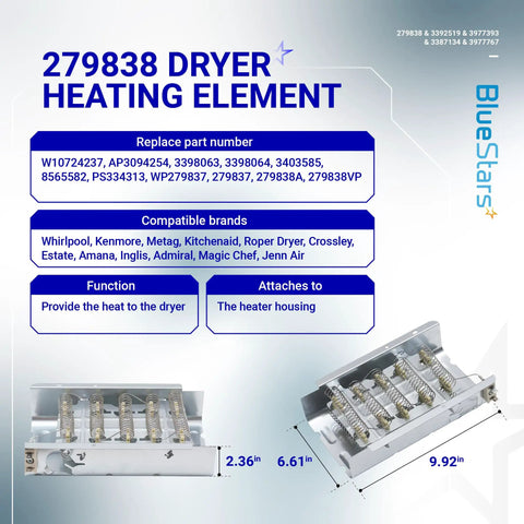 Infographic showing the Upgraded 279838 Dryer Heating Element Replacement For Whirlpool Maytag Amana And More with dimensions