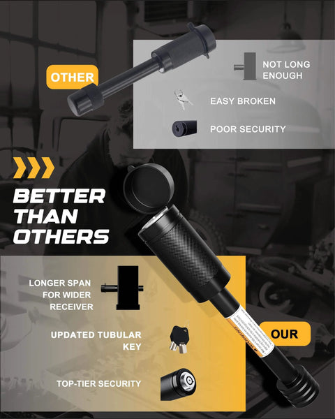 Comparison of trailer hitch lock pin showing durability and security, featuring push-to-lock with tubular key design.