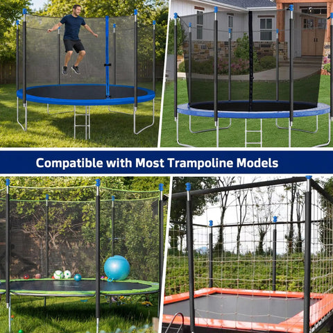 Complete Six Piece Trampoline Replacement Enclosure Poles With Thick Foam Sleeves And Secure Caps For Straight Frame Nets To Upgrade Your Backyard Rig With Absolutely Zero Hassle. Various trampoline models shown in use.