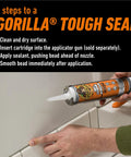 Gorilla 100% silicone sealant cartridge, 10 oz, clear, applied along tile seam with caulk gun.