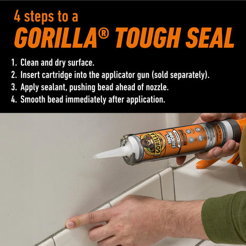 Gorilla 100% silicone sealant cartridge, 10 oz, clear, applied along tile seam with caulk gun.