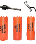 Hole saw set of three orange HSS bi-metal saws labeled 5/8-16mm with drill bit, spring, and 1/4 in hex shank adapter.