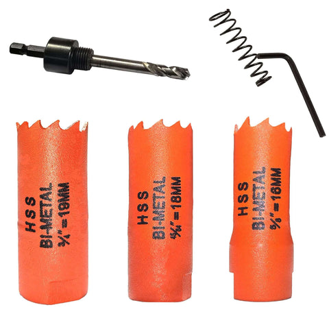 Hole saw set of three orange HSS bi-metal saws labeled 5/8-16mm with drill bit, spring, and 1/4 in hex shank adapter.