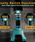 Beefed Up Cordless Rivet Gun With Brushless Power showing left, right, and middle lock functions for 18V Max Batteries.