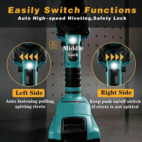 Beefed Up Cordless Rivet Gun With Brushless Power showing left, right, and middle lock functions for 18V Max Batteries.