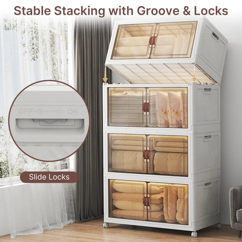 Ultra Large 720 Quart Stackable Storage Bins With Lids And Wheels Four Tier Closet Organizers in use in a bedroom setting