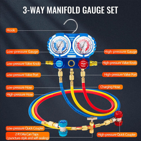 Heavy Duty 4.5 CFM Vacuum Pump And Gauge Kit For HVAC, Mini Split And Auto Systems, built-in 3-way manifold gauge with hoses