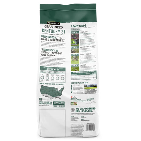 Premium Kentucky 31 Tall Fescue Grass Seed To Build A Badass Drought Resistant Lawn That Powers Through Heavy Foot Traffic And Thrives In Full Sun To Medium Shade For Quick Germination Inside A 7 Lb Bag back packaging with planting instructions.