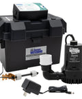 Heavy Duty Copper Wound Motor Battery Backup Sump Pump System With Dual Float Switches And Smart Wifi Capability For Kickass Basement Flood Defense And Zero Sweat Water Routing, including pump and battery unit.