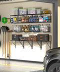 Heavy Duty Garage Wall Shelf With Wire Baskets, Tool Rack And Hooks, Durable Wall Mounted Storage for organizing garage items