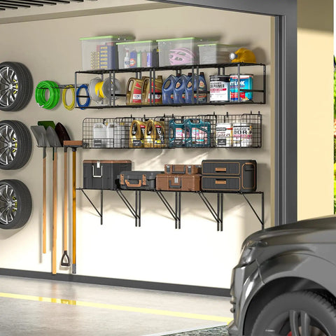 Heavy Duty Garage Wall Shelf With Wire Baskets, Tool Rack And Hooks, Durable Wall Mounted Storage for organizing garage items
