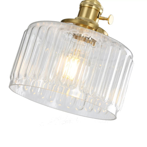 Vintage Glass Pendant Light With Brass Socket And On Off Switch, Green Striped Shade For Kitchen Island And Farmhouse Living Room, Transparent Retro Glass Fixture With Warm Ambient Lighting