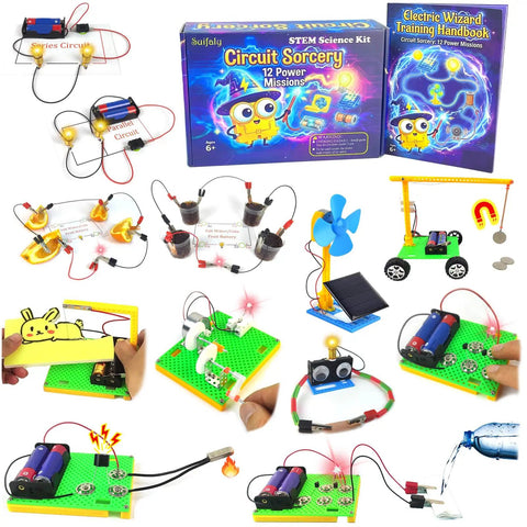 Components of Cool Hands On Electric Science Kit For Kids With 12 Power Missions STEM Lab displayed with circuits and manuals.