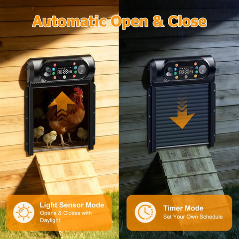 Hands-Free Solar Powered Automatic Chicken Coop Door With Large 9.45 X 10 Inch Opening Roll-Up Opener Light Sensor Timer And Remote No-Fuss Anti-Pinch Aluminum Weatherproof Outdoor Poultry Door showing open and closed modes.