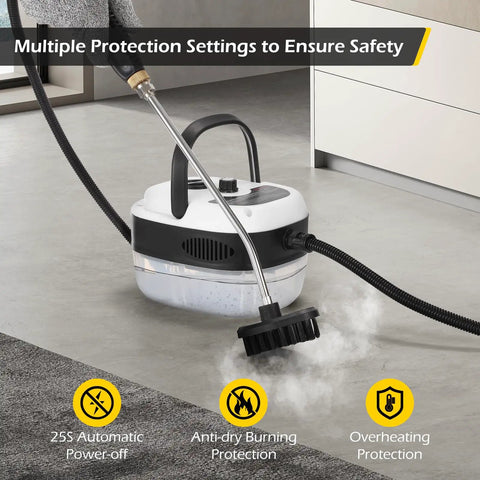 Heavy Duty Handheld Steam Cleaner 2500 Watt Hella Powerful Vapor Output with multiple protection features, safely steaming on floors.