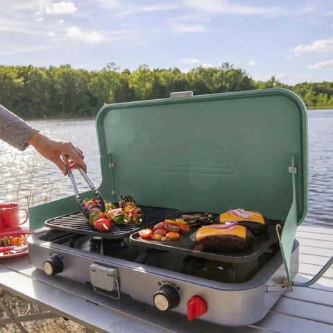 Three In One Outdoor Camp Stove With Removable Cast Iron Grill And Griddle 24,000 BTUs Portable Tailgate Ready Cooker by lake