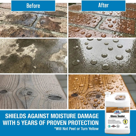 Before and after effect of Clear Gloss Sealer For Concrete, Wood, Brick, Stone And Masonry showing moisture protection on surfaces.
