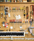 Image of a wall organizer with various hand tools mounted, including screwdrivers and pliers, emphasizing tool storage efficiency.