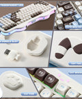 Wireless 98 Key Mechanical Keyboard Offering A Super Cute Cake Inspired Design With Dedicated Numpad Choco Candy Switches Compact Form Factor showing keycaps, fish dongle slot, and cat-themed designs.