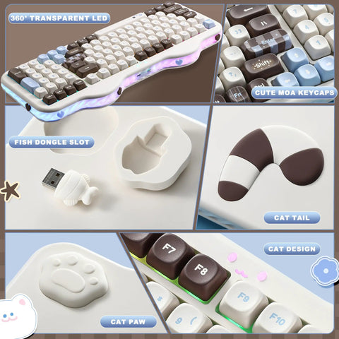 Wireless 98 Key Mechanical Keyboard Offering A Super Cute Cake Inspired Design With Dedicated Numpad Choco Candy Switches Compact Form Factor showing keycaps, fish dongle slot, and cat-themed designs.