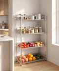 Rock Solid 4 Tier Adjustable Wire Storage Rack Heavy Duty Steel Industrial Shelving with fruits and jars for kitchen storage.