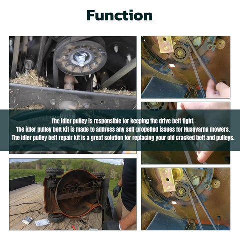 Idler Pulley Belt Repair Kit For Husqvarna 22 Inch AWD Walk Behind Mowers showing pulley and belt installation