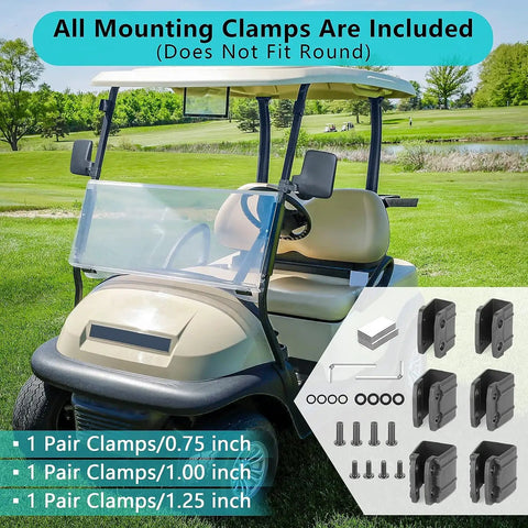 A golf cart with Universal No Drill Golf Cart Side Mirror Set with all mounting clamps for 0.75 to 1.25 inch square tube frames shown.