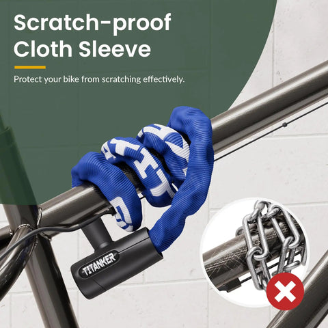 3.3 Feet Heavy Duty Bike Chain Lock With Key 6mm Thick Chain for Bicycle Motorcycle Door Gate Fence and Grill Security Anti Theft Blue Ideal for Daily Commute and Outdoor Storage Two Keys Included Waterproof and Portable wrapping around a bicycle frame with scratch-proof cloth sleeve.