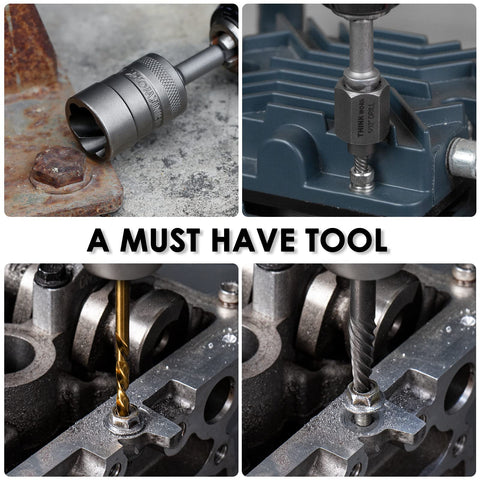 Broken Bolt Extractor Kit With 54 Pieces Easy Out Set for damaged bolts, showing various drilling and extraction tools in use.