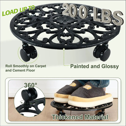 Heavy Duty Rolling Plant Stands With Wheels Two Pack Metal Plant Caddy Smooth Cast Iron Rollers For Indoor Plant Pots gliding on a floor.