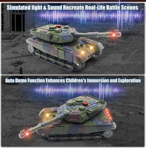 Realistic Infrared Battle RC Tank With 2.4GHz Remote, 360 Degree Turret, LED Lights And Realistic Sound Effects in action