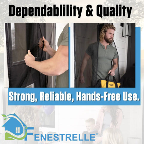 Man using Heavy Duty Magnetic Screen Door With Hands Free Self Closing Seal, Fiberglass Mesh, Black Trim, Fits 37x80 Inches Doors, Easy Installation