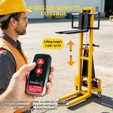 Heavy Duty Electric Pallet Lift Stacker With Remote Controlled Height Tweaking And Wide Forks For No Sweat Home Moving Garage Organizing And Easy 660 Pound Heavy Load Handling