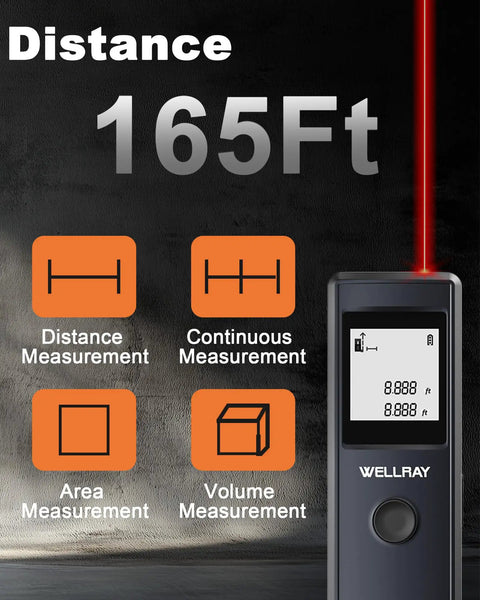 Pro Grade Laser Distance Tool 165 Feet With One Sixteenth Inch Accuracy IP54 Dust And Water Resistant Handy For DIY Projects In Feet And Inches Long Battery Life With 2 AAA Batteries Included Gray displaying 165 ft and measurement modes